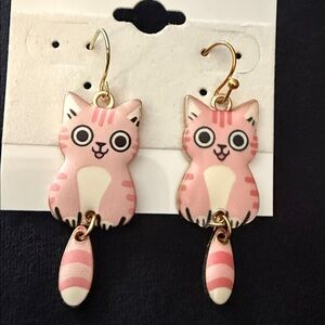 Pink & Gold Tone Cat Earrings Articulated Tails